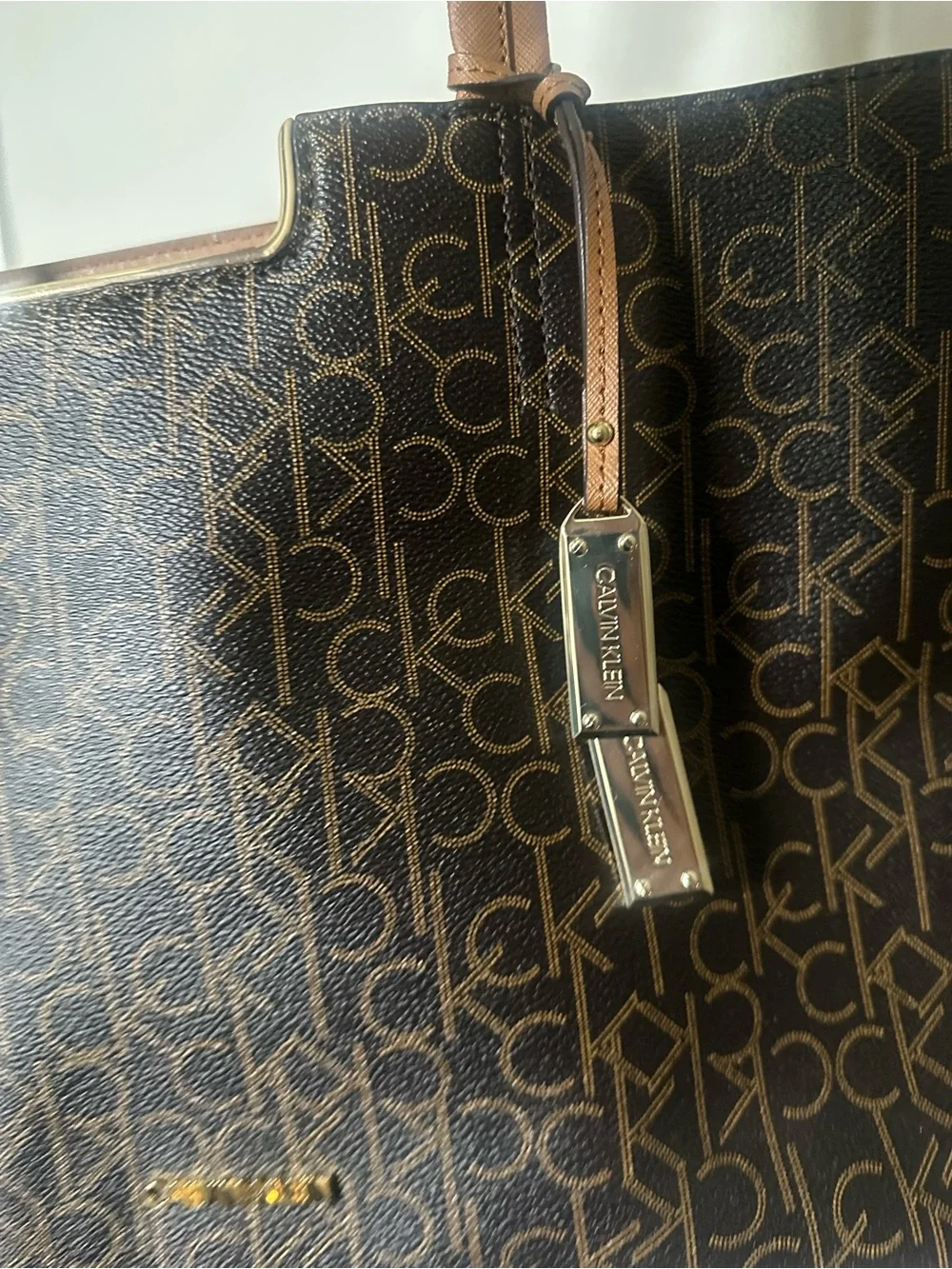 Calvin Klein Dark Brown Monogram Tote with Tan Straps NWOT - Picture 7 of 11